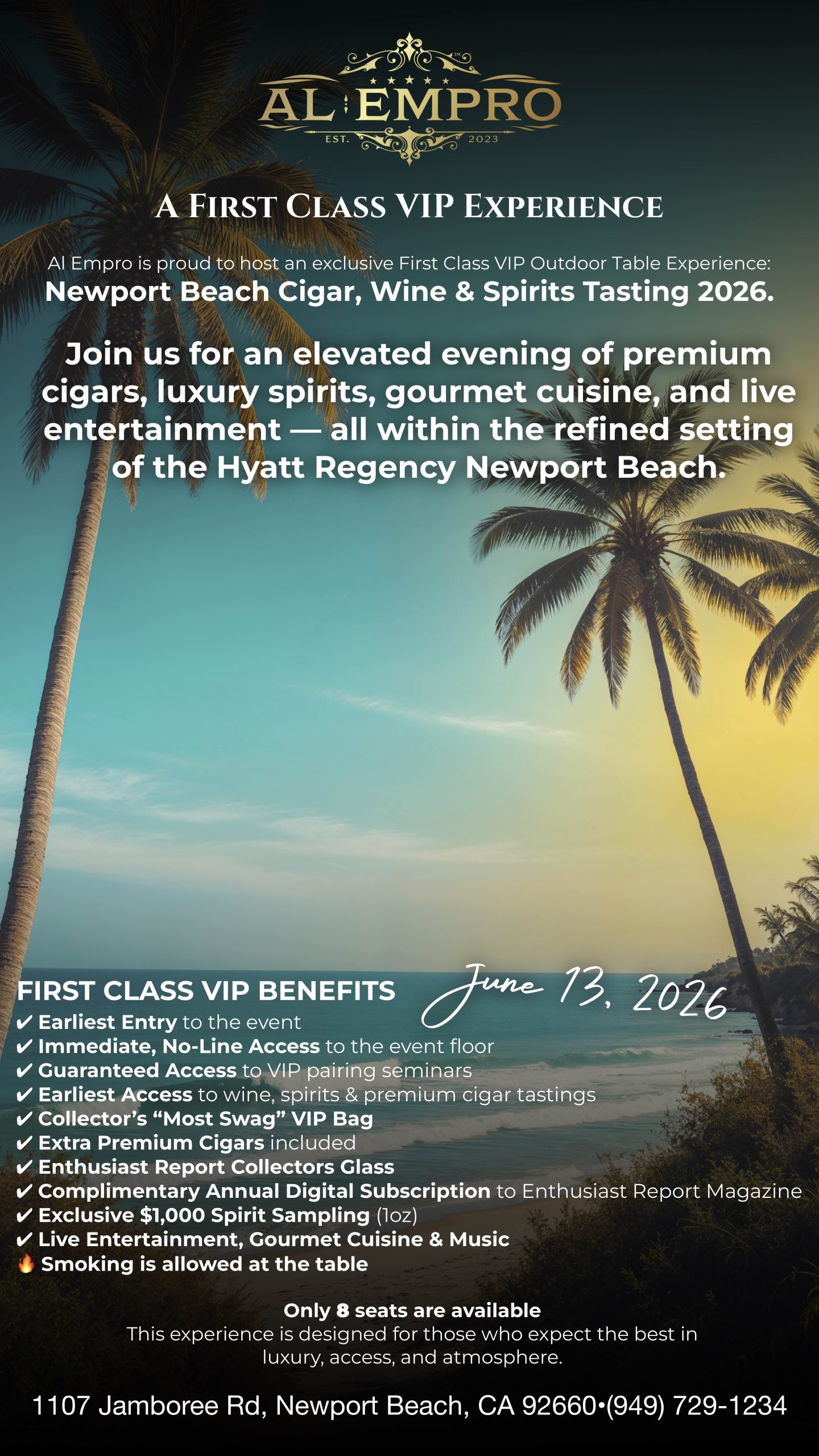 First Class VIP – Group A Outdoor Table | Newport Beach Cigar, Wine & Spirits Tasting 2026 - Image 2